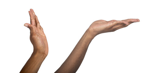 Hand raised in high five gesture. Open palm with dark skin tone, visible fingers and wrist,