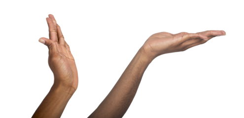 Hand raised in high five gesture. Open palm with dark skin tone, visible fingers and wrist,