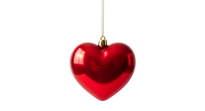 A single shiny red heart shaped christmas ornament hanging against a solid black background