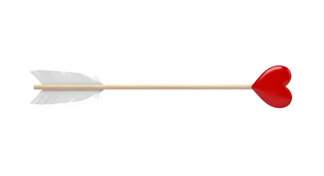 A cupid s arrow with a white fletching and a bright red heart shaped tip on a black background