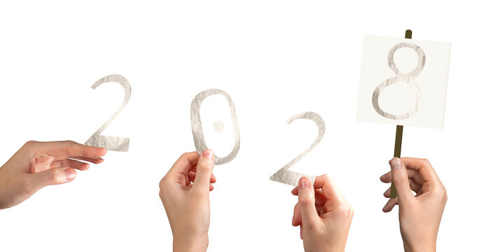 Hand holding silver metallic 2028 number in festive celebration. Shiny textured foil typography - Powered by Adobe