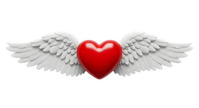 Symbolic 3d rendering of a vibrant red heart with large white feathered wings against a stark black background