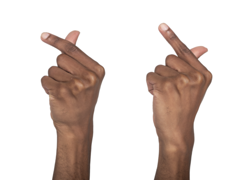 Hand making heart sign. Thumb and index finger forming love gesture, dark skin tone with raised arm,