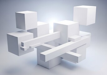 A 3D rendered abstract artwork displaying interconnected white cubic shapes and rectangular bars floating against a gradient background