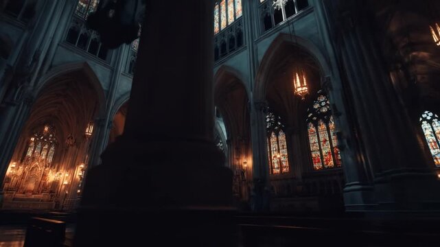 Grand gothic cathedral interior with arches and stained glass windows