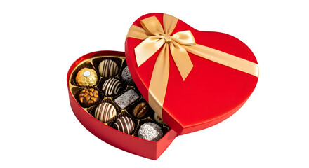 Luxurious heart shaped red box filled with assorted gourmet chocolates tied with a golden ribbon