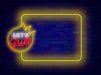 Lets Grill lettering yellow banner. Barbecue party neon invitation. Empty frame and fire. Vector stock illustration