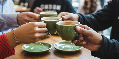 Several hands clasp around mugs, sharing a warm beverage, fostering friendship and connection.