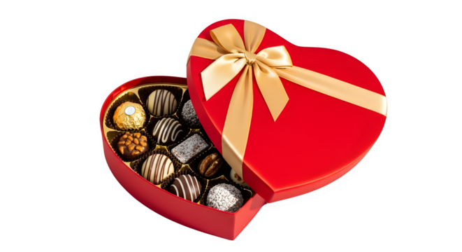 Luxurious heart shaped red box filled with assorted gourmet chocolates tied with a golden ribbon - Powered by Adobe