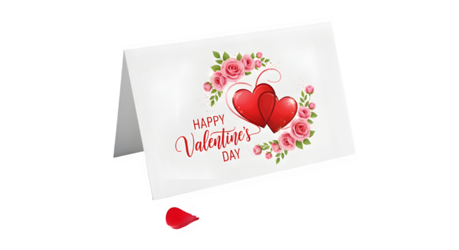 Elegant valentine s day greeting card featuring two red hearts surrounded by pink roses and floral accents