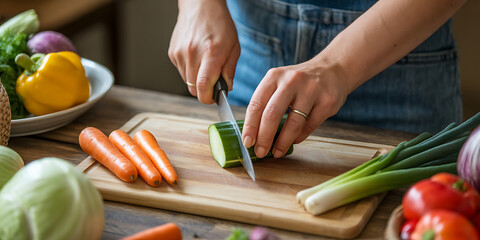 Hands chop fresh vegetables on a wooden board, preparing a healthy, colorful meal.
