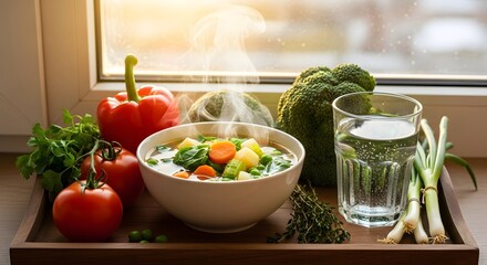 Vegetable and chicken soup rich in protein, vitamins and fluids to keep the body warm, healthy food