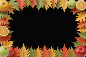 Vibrant autumn leaves and colorful fruits frame a dark space, evoking seasonal beauty.