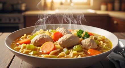 A comforting chicken and vegetable soup on a wooden table