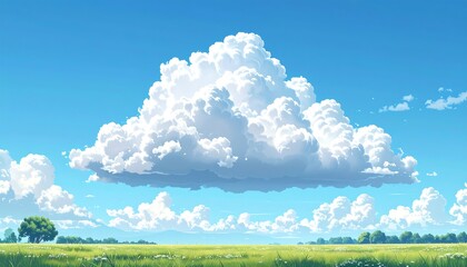 Anime-style depiction of a bright, sunny day. Massive fluffy clouds dominate the vibrant blue sky above a green field with scattered trees