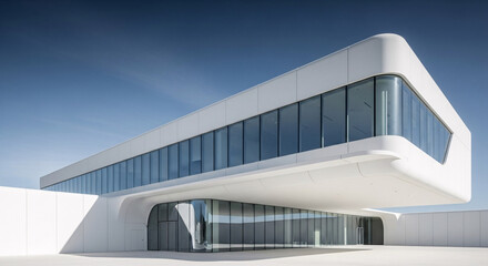 Modern White Building with Curved Facade and Glass Windows Under Blue Sky