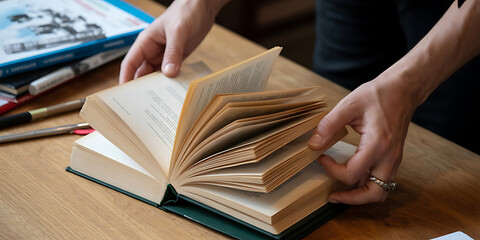 Hands open a thick, aged book, revealing yellowed pages and a wealth of knowledge.
