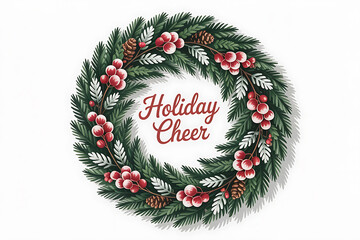 Festive wreath adorned with greenery, berries, and the words "Holiday Cheer."