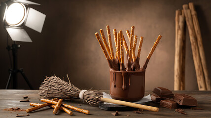 A rustic still life showcases pretzels in a cup, alongside wood and a broom, conveying warmth.