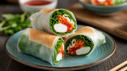 Fresh spring rolls filled with vegetables and herbs, presented on a blue plate.