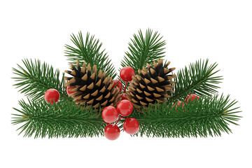 Evergreen branches with pinecones and vibrant red berries, evoking winter and festive decorations.