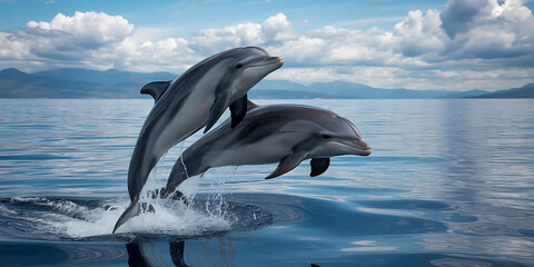 Two playful dolphins leap from the ocean waves, showcasing marine life and aquatic beauty.