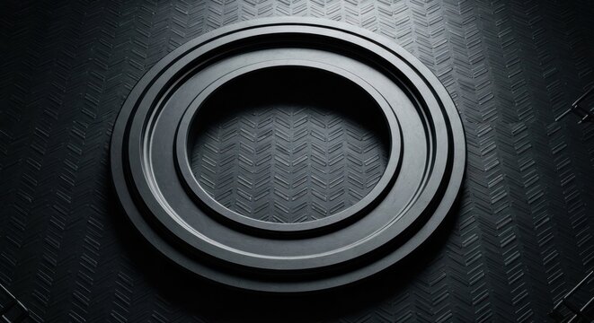 Dark metallic concentric rings on textured surface, high contrast, graphic