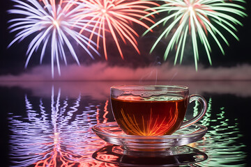 Vibrant fireworks explode against a night sky, reflected in water, alongside a warm drink.