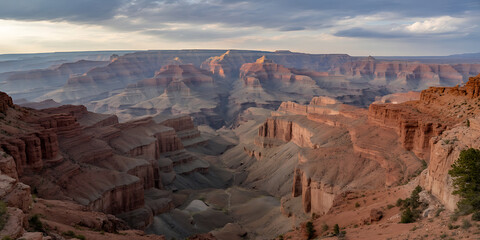 Vast canyon landscape with layered rock formations bathed in warm, golden sunlight.