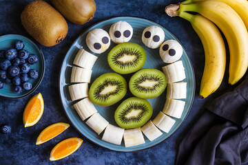 Playful fruit arrangement on a plate, featuring kiwi, banana, blueberries, and orange slices.