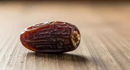 Close-up of a date fruit on a wooden surface, showing its texture and color.