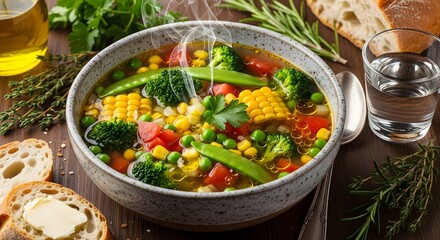 A close-up of a spoon lifting hearty vegetable and chicken soup from a bowl