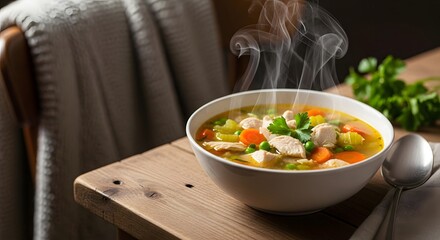 A cozy winter scene with a bowl of vegetable soup on a wooden tray near a window