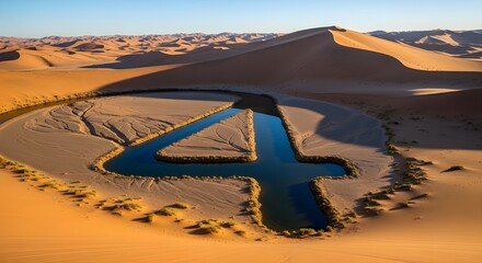 Aerial view of a desert oasis shaped like the number four, surrounded by sand dunes.