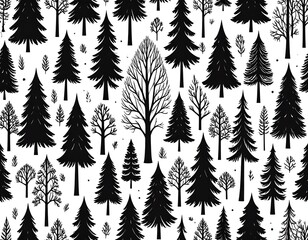 Obraz premium Black and white illustration featuring a forest scene with varied tree shapes, providing a repeating pattern