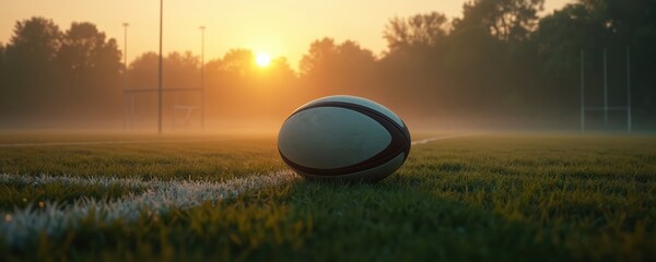 Rugby ball lies on foggy field during sunrise. Early morning mist covers meadow with sport equipment. Rugby union ball on grass. Concept of championship game competition.