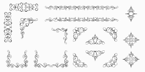 Obraz premium Collection of elegant black decorative borders and corners with ornate flourishes and swirls