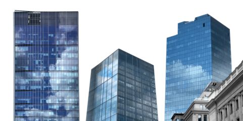 Skyscraper building exterior set. Tall modern glass tower with blue reflection of sky and clouds