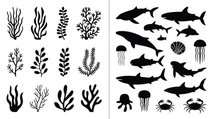 Fototapeta premium A black and white silhouette illustration of an underwater scene. 