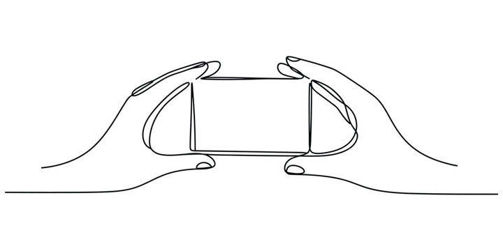Minimalist continuous line drawing of hands holding a rectangular object vector