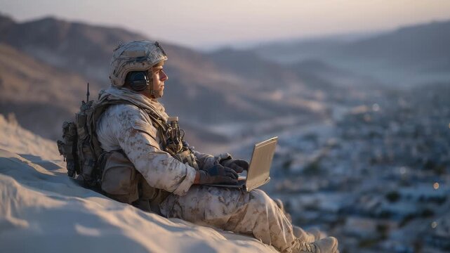 20Wide-angle view of soldier resting on sand dune, laptop open, desert landscape and scattered military equipment around