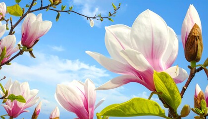 Fototapeta premium Blooming pink and white flower blossoms against a bright blue sky background with scattered wispy clouds. Brown branches and buds are visible too