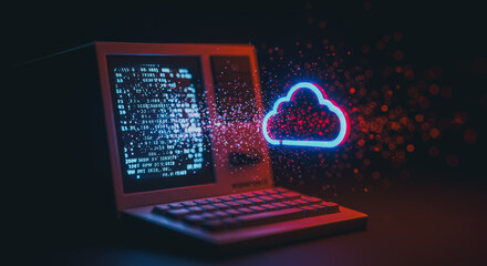 A conceptual rendering of a laptop with a digital cloud emblem, illuminated by vivid blue and red lights against a dark backdrop, symbolizing the interconnectedness of technology and cloud computing.