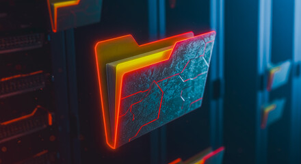 Cyber folder with the technological theme, representing digital information and data storage, evokes a sense of futuristic technology and the concept of organizing files.