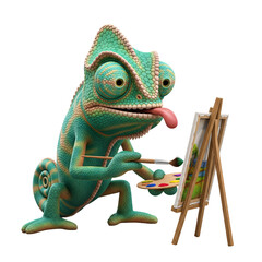Naklejka premium 3D cartoon chameleon painting on an easel, artist with tongue out. Funny lizard character with brush and palette, Isolated on transparent background, png
