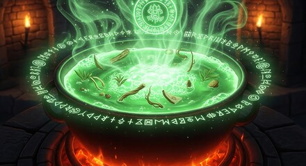 A bubbling green potion boils within a stone cauldron, emitting glowing vapors, surrounded by runes in a chamber