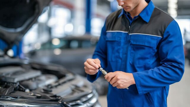 34Car repair action scene, mechanic&rsquo;s hands adjusting spark plugs, close-up indoor photography, clean auto shop lighting creating sharp, professional look