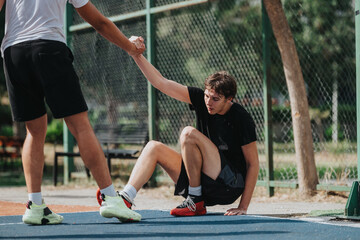 Two athletes on a sunny track share a supportive moment after training, one sitting on the ground...
