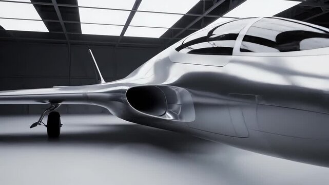 Sleek futuristic aircraft design showcasing polished silver fuselage in modern aircraft hangar with bright overhead lighting