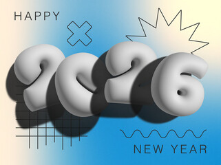 3D Happy New Year 2026 banner with gradient background and grain texture.